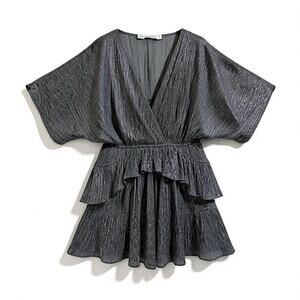 IRO Metallic Pleated Mini Dress Silver Black Tiered V Neck Batwing Sz 4/6 NYE